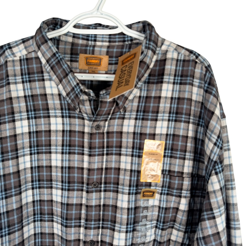 Foundry Flannel Shirt Mens 3XL Gray Black Blue Plaid Long Sleeve Button Down NEW